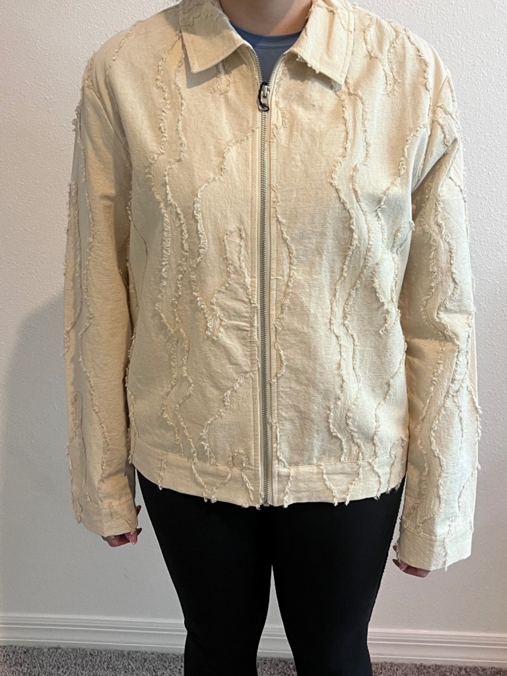 Zara Textured Fringe Jacket Cream Neutral Zip Front Boxy Oversized Small NWT